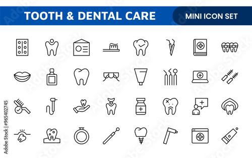 Complete Tooth and Dental Care Icon Collection: Perfect for Oral Hygiene, Dentist Tools, Preventive Measures, Whitening Solutions, and Comprehensive Dental Care