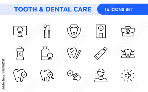Complete Tooth and Dental Care Icon Collection: Perfect for Oral Hygiene, Dentist Tools, Preventive Measures, Whitening Solutions, and Comprehensive Dental Care