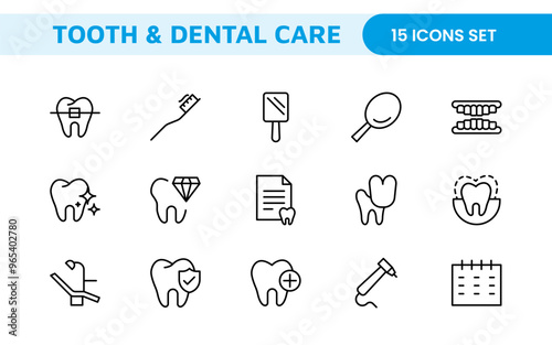 Complete Tooth and Dental Care Icon Collection: Perfect for Oral Hygiene, Dentist Tools, Preventive Measures, Whitening Solutions, and Comprehensive Dental Care