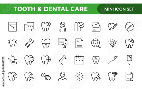 Complete Tooth and Dental Care Icon Collection: Perfect for Oral Hygiene, Dentist Tools, Preventive Measures, Whitening Solutions, and Comprehensive Dental Care