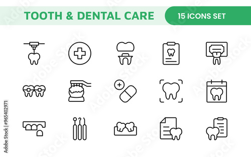 Complete Tooth and Dental Care Icon Collection: Perfect for Oral Hygiene, Dentist Tools, Preventive Measures, Whitening Solutions, and Comprehensive Dental Care