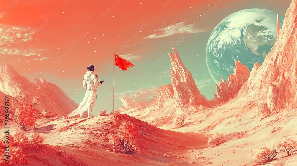 Naklejka premium Cosmic Adventure: Astronaut on Red Planet Mars