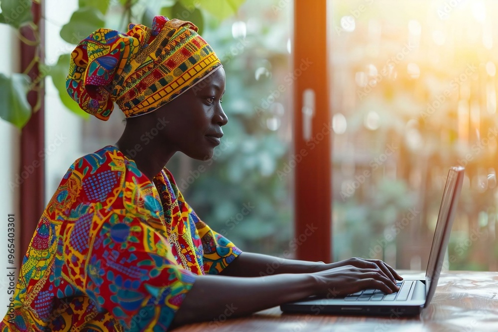 Fototapeta premium African person using a laptop for browsing social media and online community.