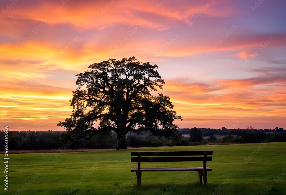 Solitary tree standing tall in a vast green field, with a vibrant sunset in the background.