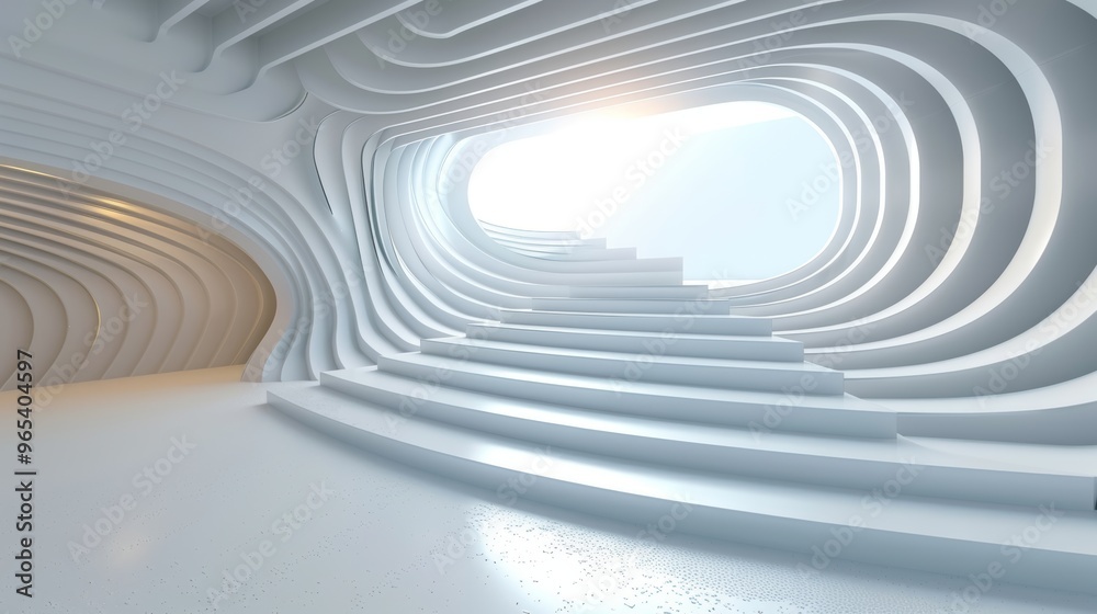 Naklejka premium Abstract White Wave Architecture with Circular Stepped Forms and Oval Skylight, 3D Rendering