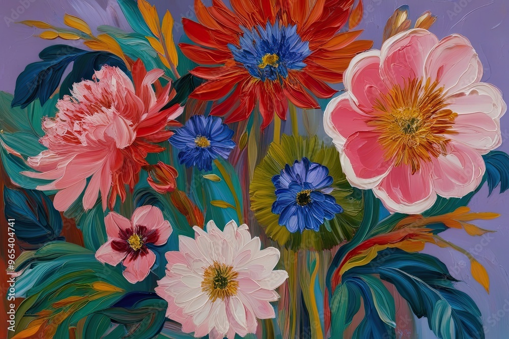 Bold Oil Painting with Delicate Floral Details and Vibrant Colors Bold Oil Painting with Delicate Floral Details and Vibrant Colors