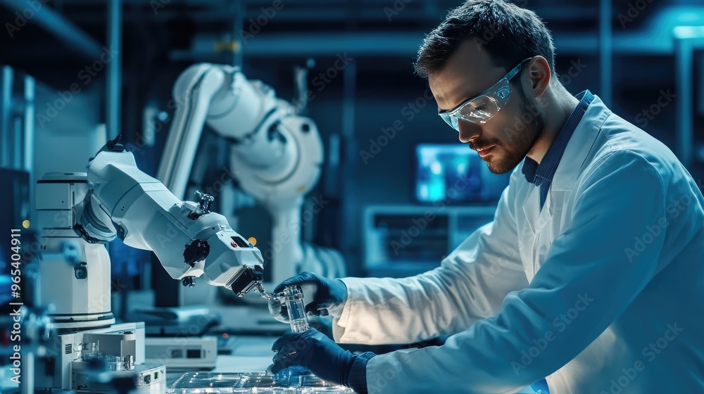 Engineers testing a new OEM product in a laboratory, with precision instruments and computers in the background. Engineers testing a new OEM product in a laboratory, with precision instruments and computers in the background.
