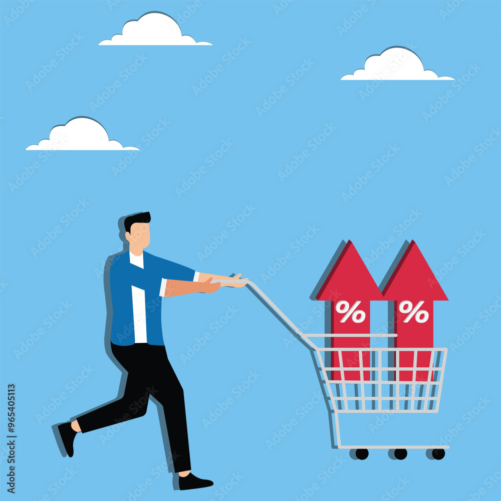 Inflation Impact, Man Pushing Cart with Prices Rising Inflation Impact, Man Pushing Cart with Prices Rising