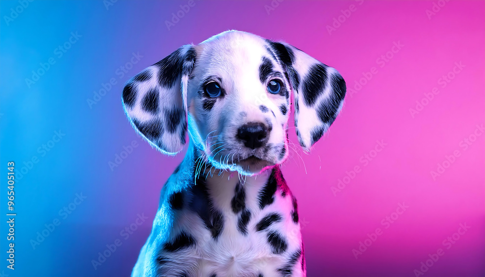 cute dalmatian puppy in neon light studio cute dalmatian puppy in neon light studio