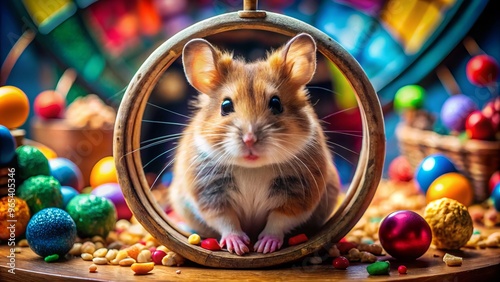 Fluffy furry rodent with rounded ears and twitching whiskers, sitting in a tiny wheel, surrounded by colorful toys and hidden treasures. photo