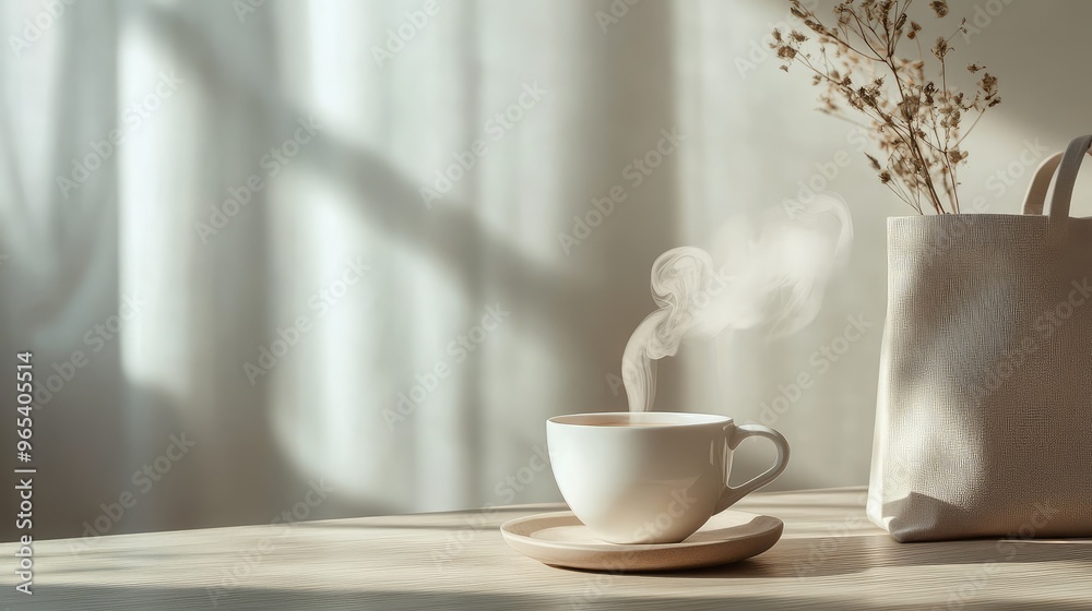 Simple teacup with Sri Lanka-shaped steam, minimalist design, soft tones, eco-friendly tote bag, clean and elegant look Simple teacup with Sri Lanka-shaped steam, minimalist design, soft tones, eco-friendly tote bag, clean and elegant look