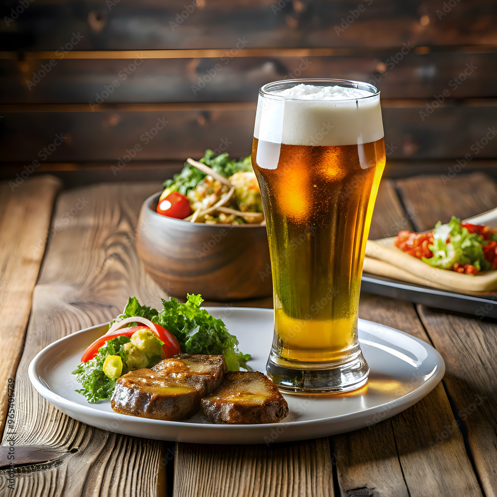 Peruvian food and beer served at a restaurant's table with customers. Peruvian food and beer served at a restaurant's table with customers.