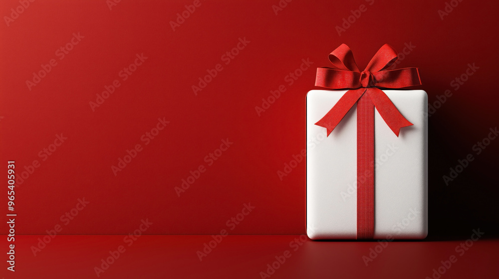 White gift box with a red ribbon and bow against a solid red background, positioned to the right side with minimalist design, creating a striking visual impact.