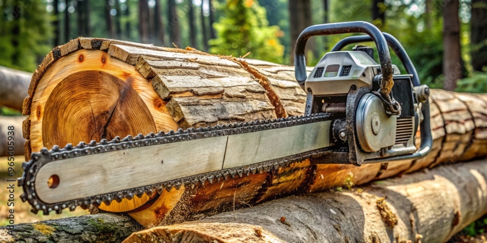 Cutting through a dense wooden log with precision, the chainsaw with a ...