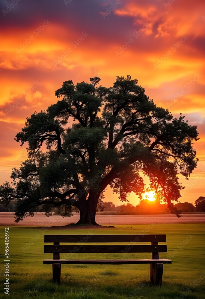 Solitary tree standing tall in a vast green field, with a vibrant sunset in the background. Solitary tree standing tall in a vast green field, with a vibrant sunset in the background.