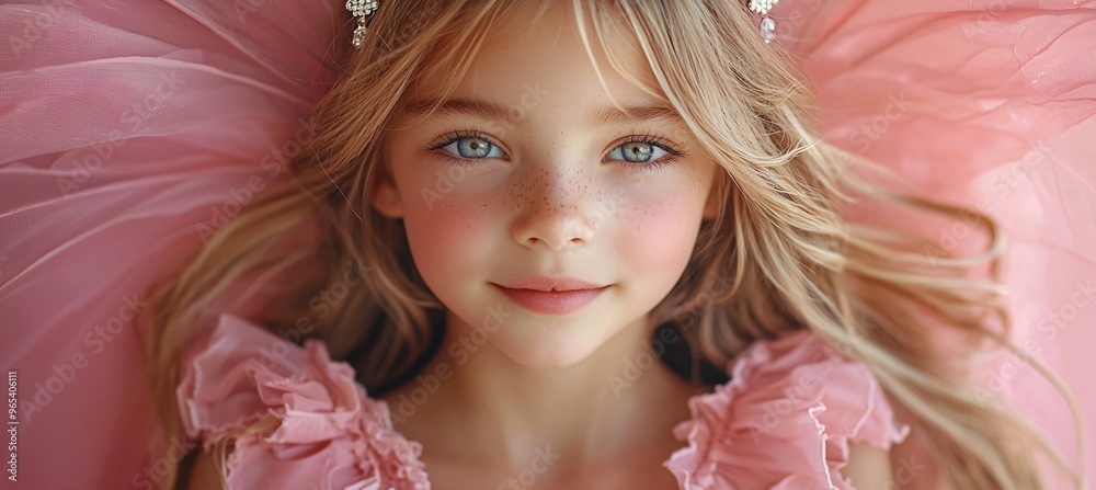 Cheerful young girl dressed as a fairy princess for Halloween, perfect for whimsical party invitations or decorations. Includes ample copy space. Cheerful young girl dressed as a fairy princess for Halloween, perfect for whimsical party invitations or decorations. Includes ample copy space.