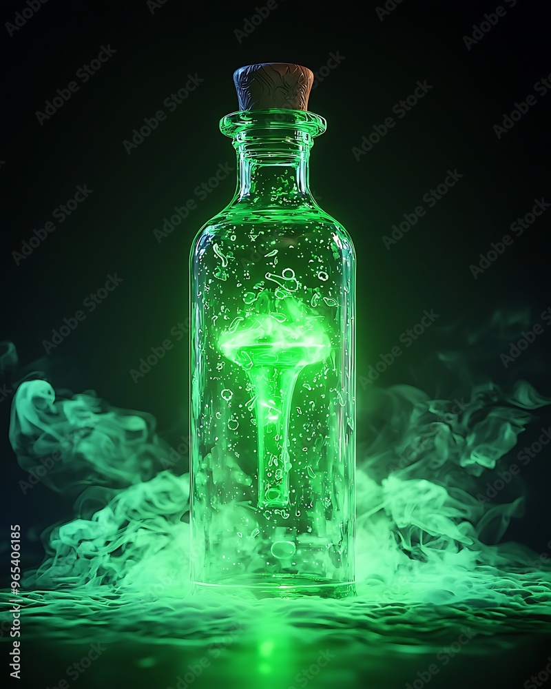 Witch is potion bottle glowing with green light, surrounded by mist, ultra-sharp focus, solid black background Witch is potion bottle glowing with green light, surrounded by mist, ultra-sharp focus, solid black background
