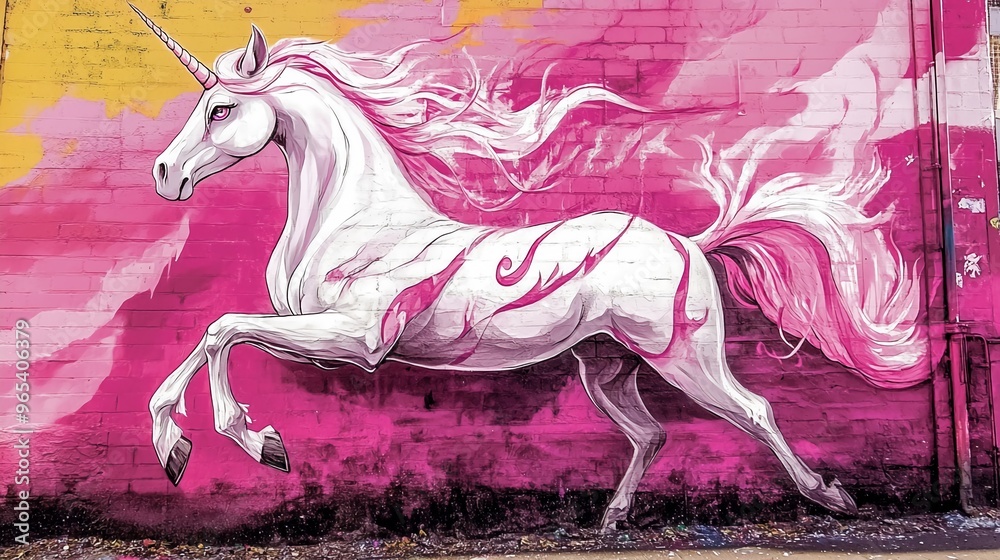 Naklejka premium Whimsical Mural: Unicorn Wall Painting Adds Enchantment to Room