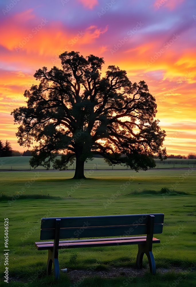 Solitary tree standing tall in a vast green field, with a vibrant sunset in the background. Solitary tree standing tall in a vast green field, with a vibrant sunset in the background.