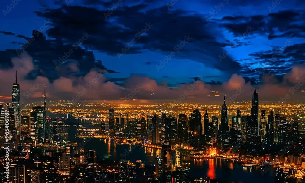 A classic painting of a panoramic view of a city skyline at night, with ...