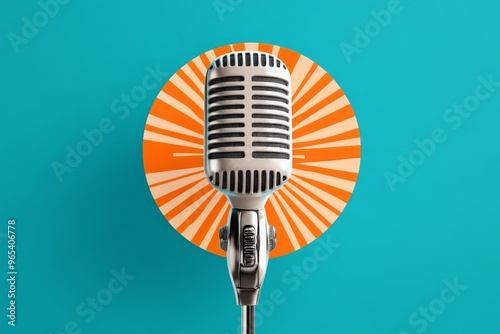 This image showcases a classic retro microphone on a stand with an artistic orange and white radial background, evoking a sense of nostalgia and vintage ambiance. photo