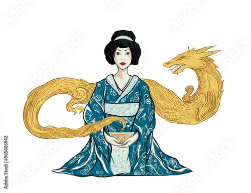 Young geisha girl in Japanese traditional kimono dress is sitting with cup of herbal tea in hands and from tea cloud of smoke in the form of a golden gilt dragon - logo poster for a shop, restaurant