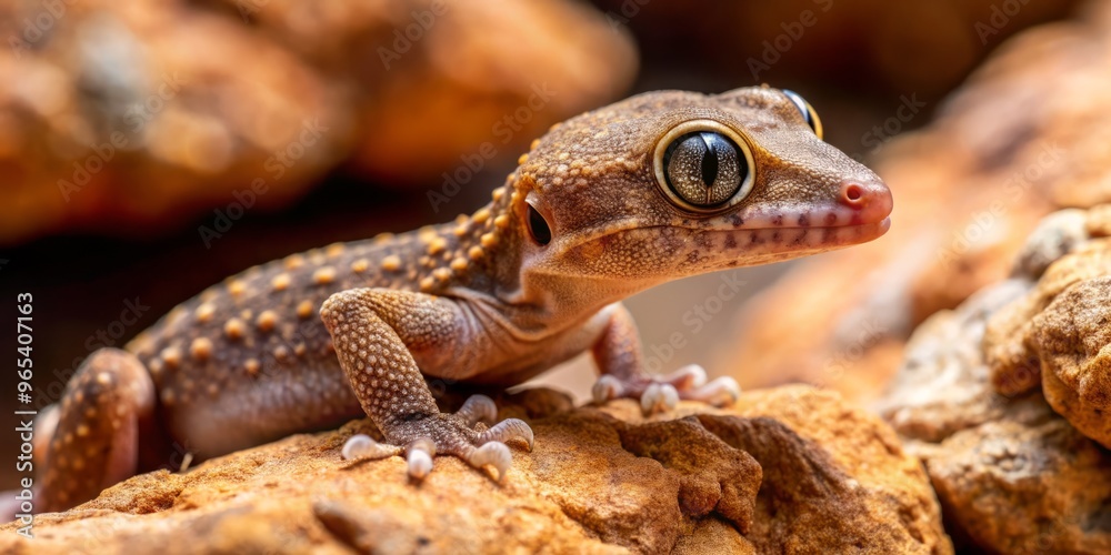 Naklejka premium A tiny, brownish-red, cat-like gecko (Eryx jayakari) blends into crevices of rocky outcrops, tiny scales reflecting sunlight, prehistoric eyes gazing out.