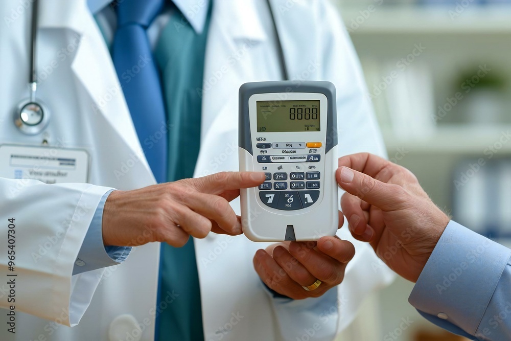 doctor holding a patient's finger to check their sugar level with a glucose meter. doctor holding a patient's finger to check their sugar level with a glucose meter.