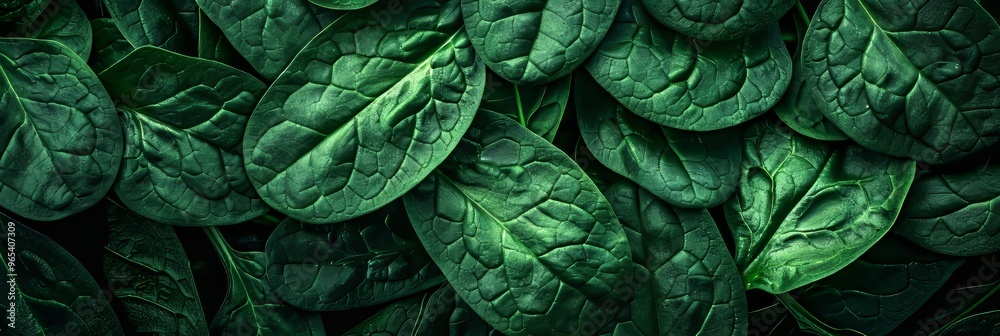 Fresh Green Lush Spinach Leaves Background. Top View, Panoramic Banner. Trendy Toned Lush Background Fresh Green Lush Spinach Leaves Background. Top View, Panoramic Banner. Trendy Toned Lush Background