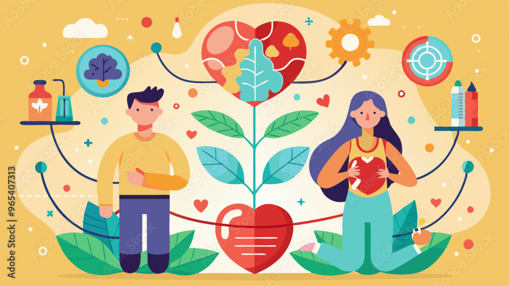 Fototapeta premium Mind and Body Connection Vector, Mental Health and Physical Health Illustration 