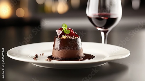 A decadent chocolate mousse dessert paired with a glass of dessert wine, served on an elegant white plate