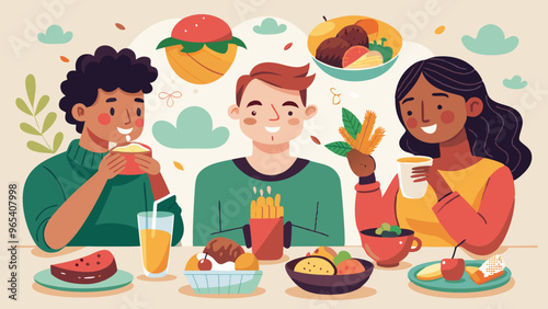 Mindful Eating Vector Illustrations: People Enjoying Meals with Full Awareness of Taste, Texture, and Smell
