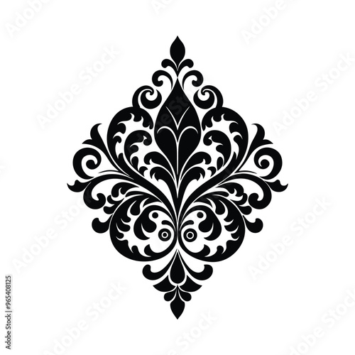 Timeless elegance. Silhouette of damask ornamental design on a pristine white background.