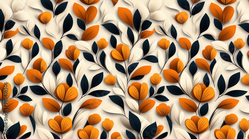 Seamless pattern with abstract floral design featuring orange, black, and beige leaves and flowers on a light background. Modern botanical illustration.