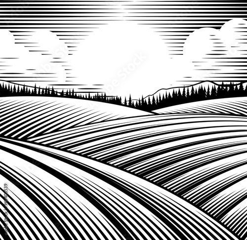 A rolling hills rural landscape drawing in a vintage woodcut style