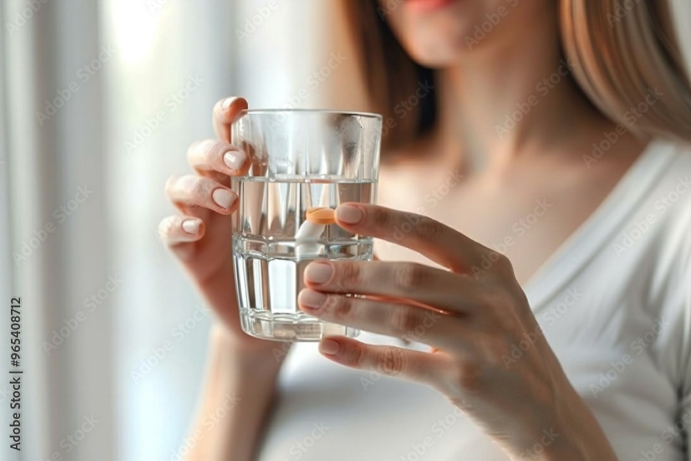 Woman holding a glass of water while taking a pill for her medication, displaying themes of health and personal care. Woman holding a glass of water while taking a pill for her medication, displaying themes of health and personal care.