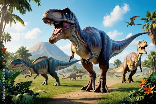 Vibrant Mesozoic Landscape with Dinosaurs Abundant Flora and Clear Skies