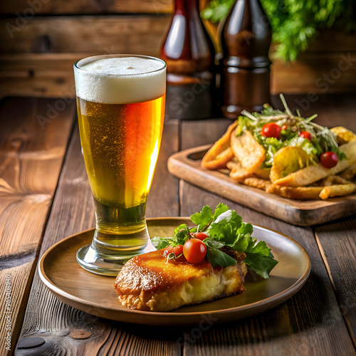 Peruvian food and beer served at a restaurant's table with customers.