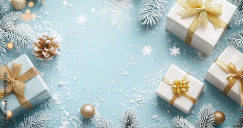 Pastel blue christmas background with gift boxes and fir branches and stars snow decorations, glamour elegant christmas background