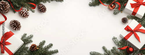 White elegant christmas background with gift boxes  with red bows and christmas fir branches around