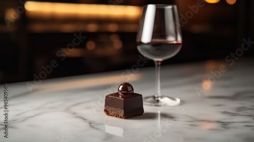 A rich, dark chocolate dessert paired with a glass of port wine, placed on a marble countertop with soft lighting