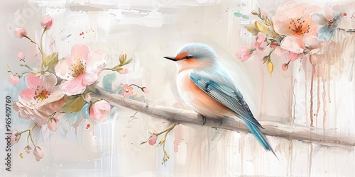 Bird on a branch among flowers, in a watercolor style, perfect for greeting cards.