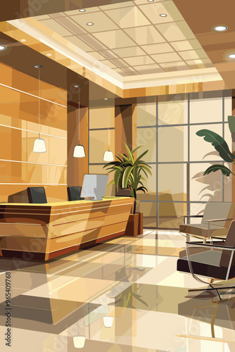 Sleek Reception Area with Contemporary Furniture and Minimalist Decor in Corporate Office Lobby