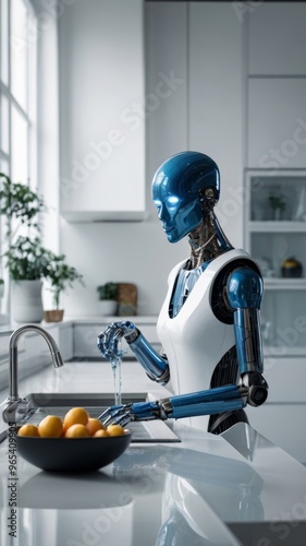 Android with a translucent blue face performing household chores