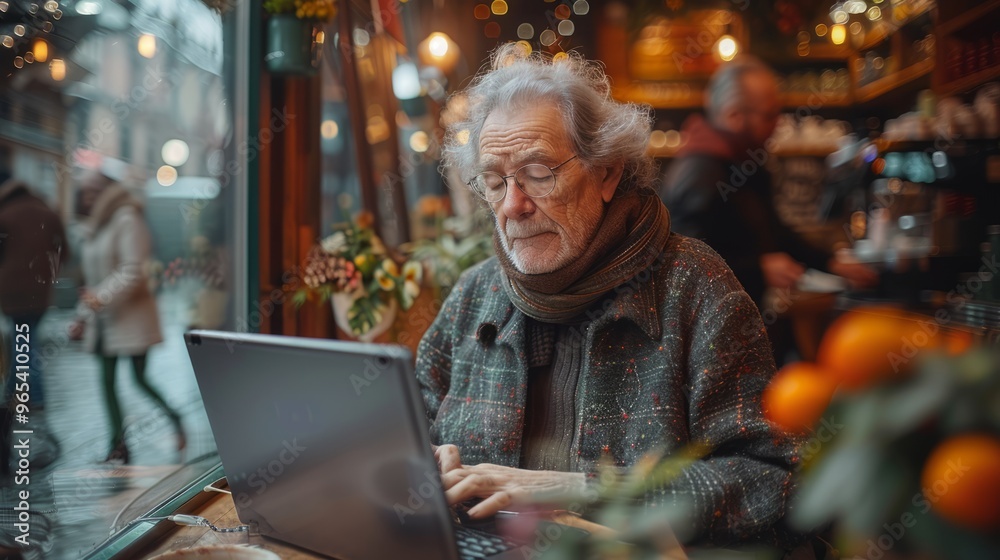 Fototapeta premium An elderly man sits at a café table, focused on his laptop amidst holiday decorations and a bustling street filled with people