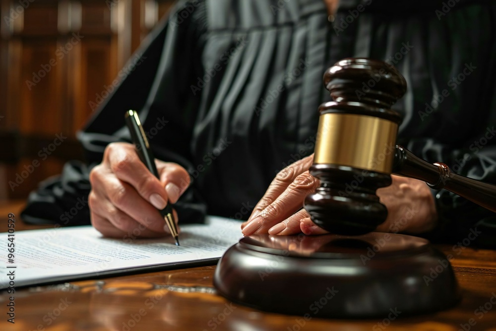 Close-up shot of a female judge's hand writing on paper in a courtroom setting, capturing the essence of law, order, and justice through the act of decision-making. Close-up shot of a female judge's hand writing on paper in a courtroom setting, capturing the essence of law, order, and justice through the act of decision-making.