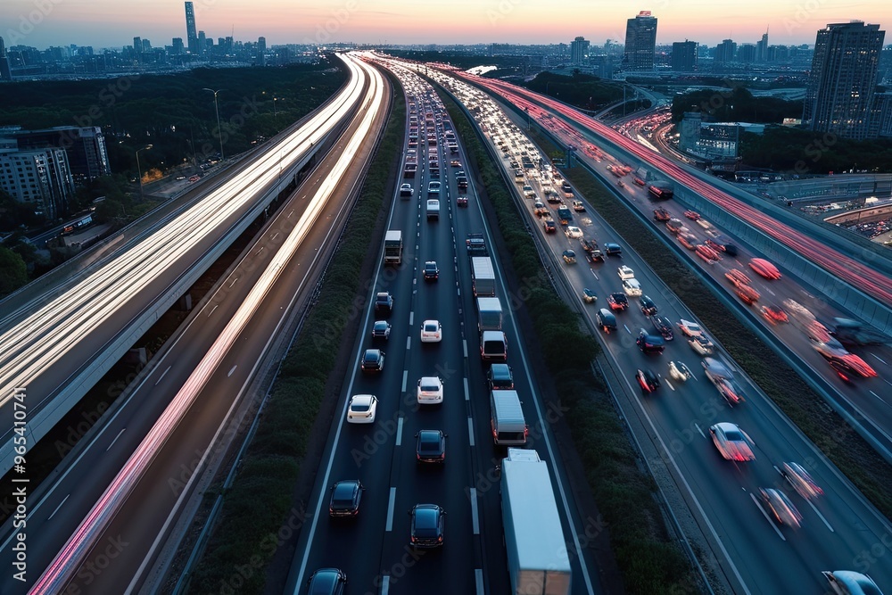 Aerial View of Urban Traffic Jam on Multilane Freeway with Vehicle Light Trails in Busy Cityscape at Dusk Aerial View of Urban Traffic Jam on Multilane Freeway with Vehicle Light Trails in Busy Cityscape at Dusk