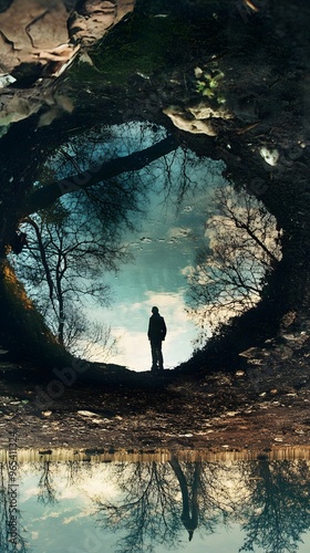 Silhouette of a Person Standing in a Puddle with a Reflected Sky and Tree Branches