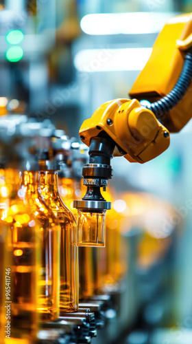 A robot is filling bottles with a clear liquid. The bottles are lined up in a row, and the robot is working on the second bottle from the left