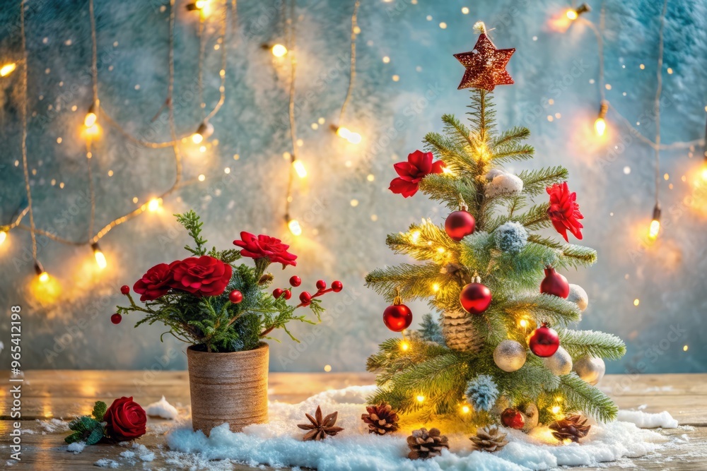 Decorate a mini Christmas tree with twinkling fairy lights, vintage ornaments, and delicate red flowers, adding a touch of whimsy to the winter wonderland scene. Decorate a mini Christmas tree with twinkling fairy lights, vintage ornaments, and delicate red flowers, adding a touch of whimsy to the winter wonderland scene.